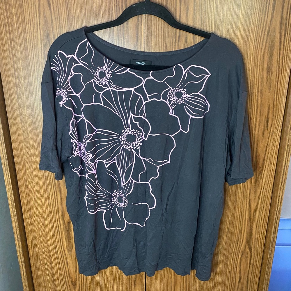 Simply Vera Vera Wang Top Womens Large Gray Pink Floral Graphic Short Sleeve Tee